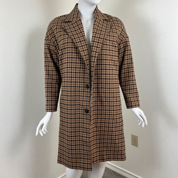 Zara Man Size M Brown Wool Plaid Check Oversized Long NEW Coat Office Modern - Picture 7 of 14